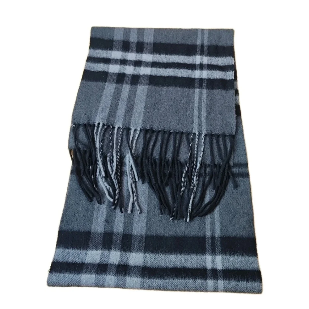 Enzo Montovani Fringed Cashmere Wool Men Long Neck Scarf Gray Windowpane Plaid